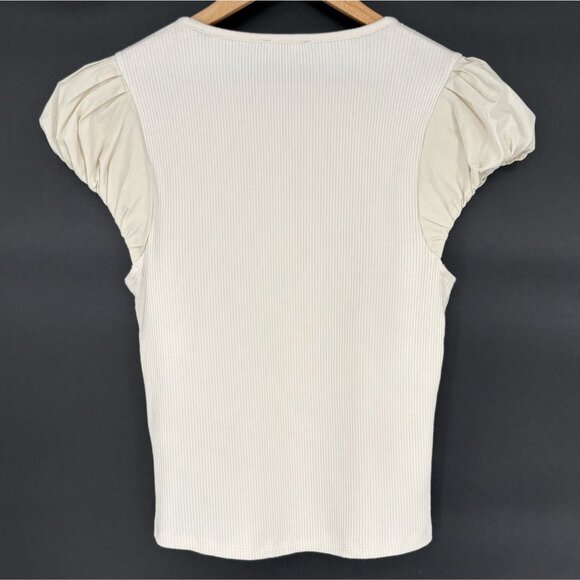 J.Crew Womens Vintage Rib T-shirt Cotton Poplin Puff Sleeves L Cream Modal Blend - Picture 2 of 8